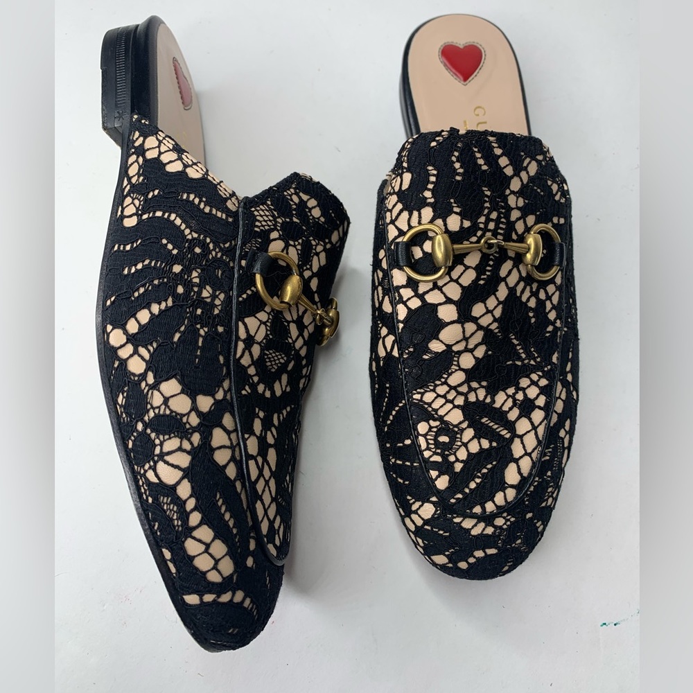 Gucci Shoes Princetown Gold Horsebit Black Gold Lace Loafer Mules EU 35